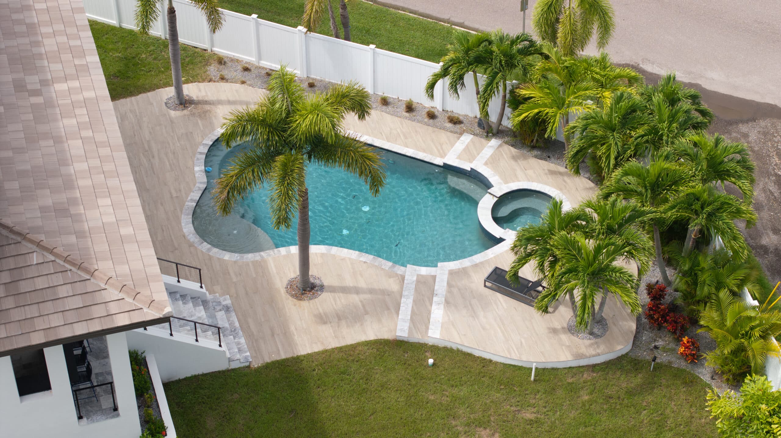 Aerial view of a freeform pool and spa framed by palms