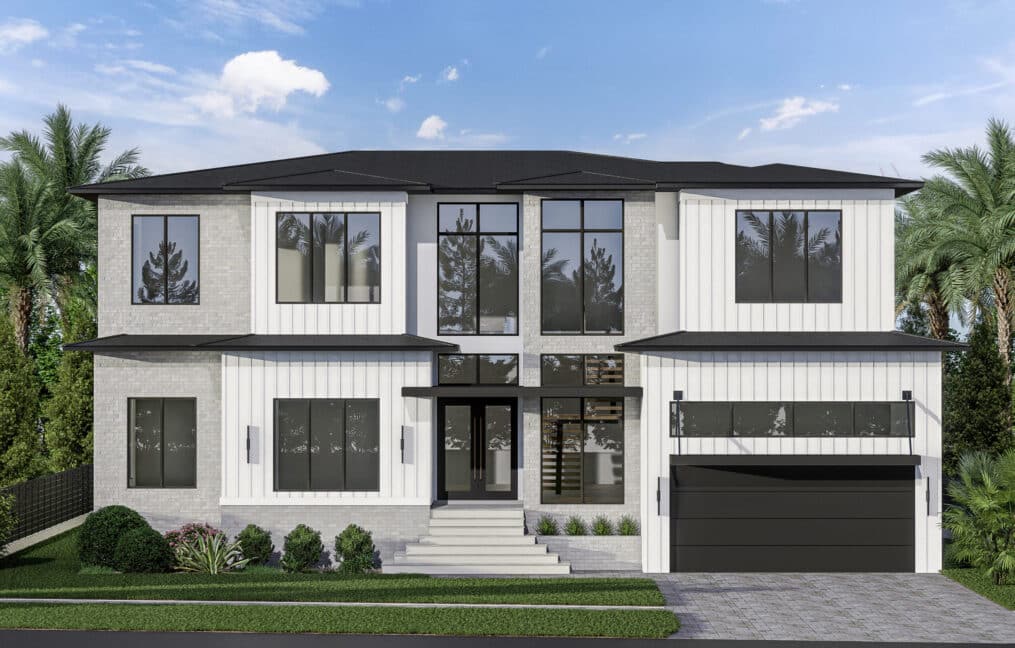 Front elevation with a black garage door and paver driveway