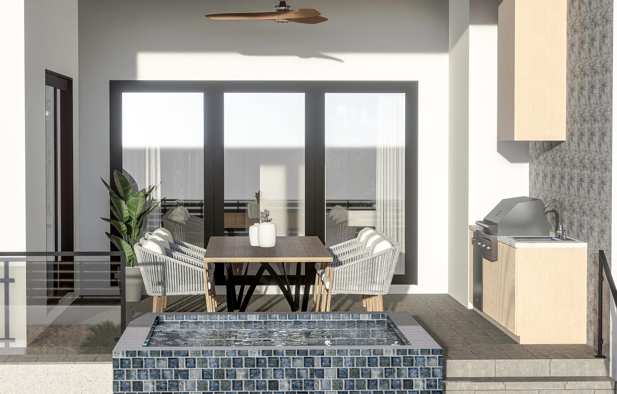 Covered lanai with a dining table, built-in grill and spa