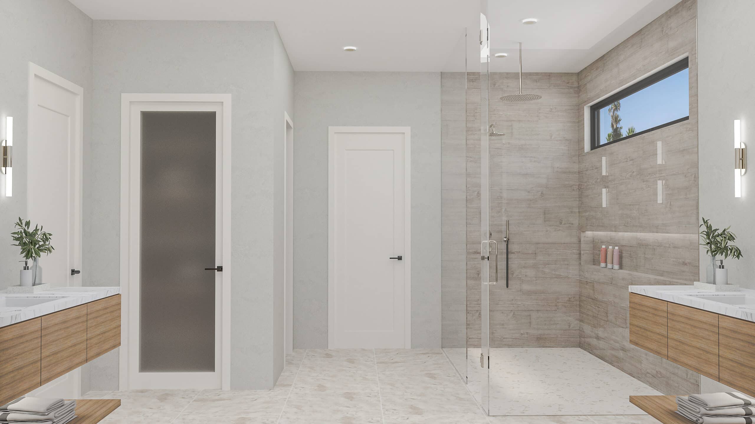 Primary bathroom with a glass walk-in shower and two floating vanities