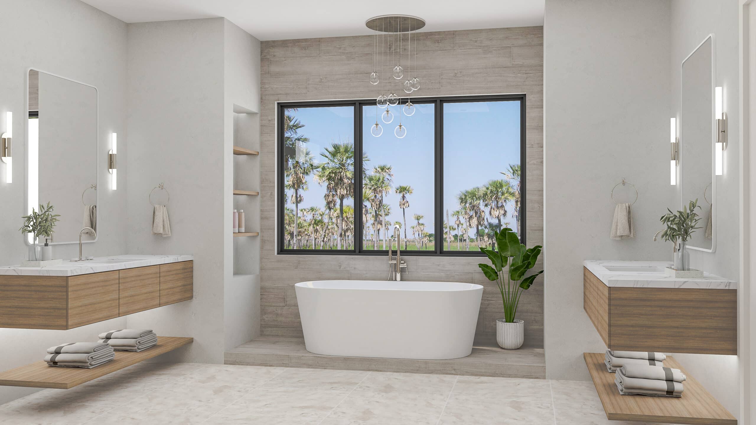 Freestanding tub set under a window beside the vanity