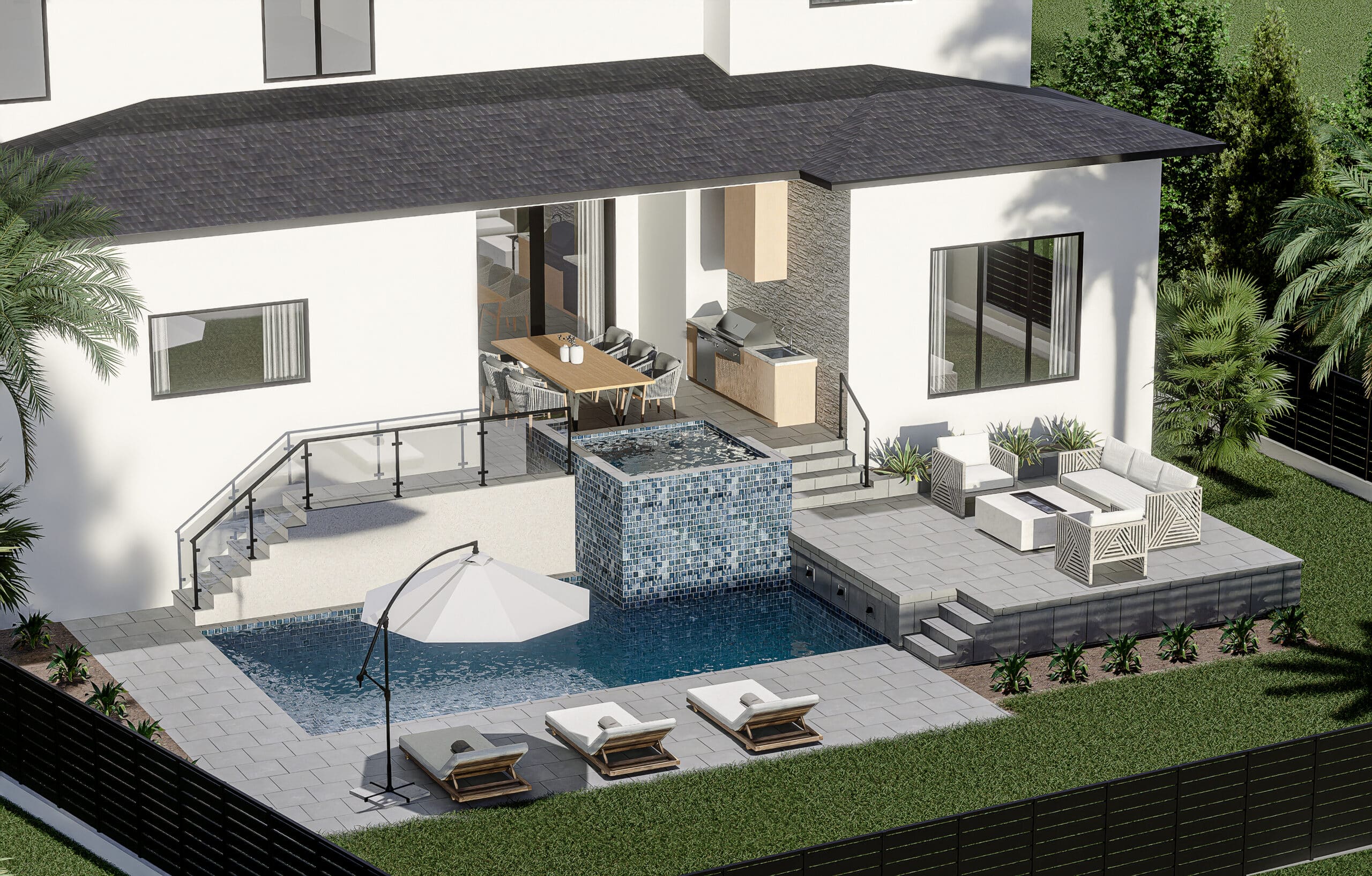 Backyard pool and raised spa with loungers and a covered patio