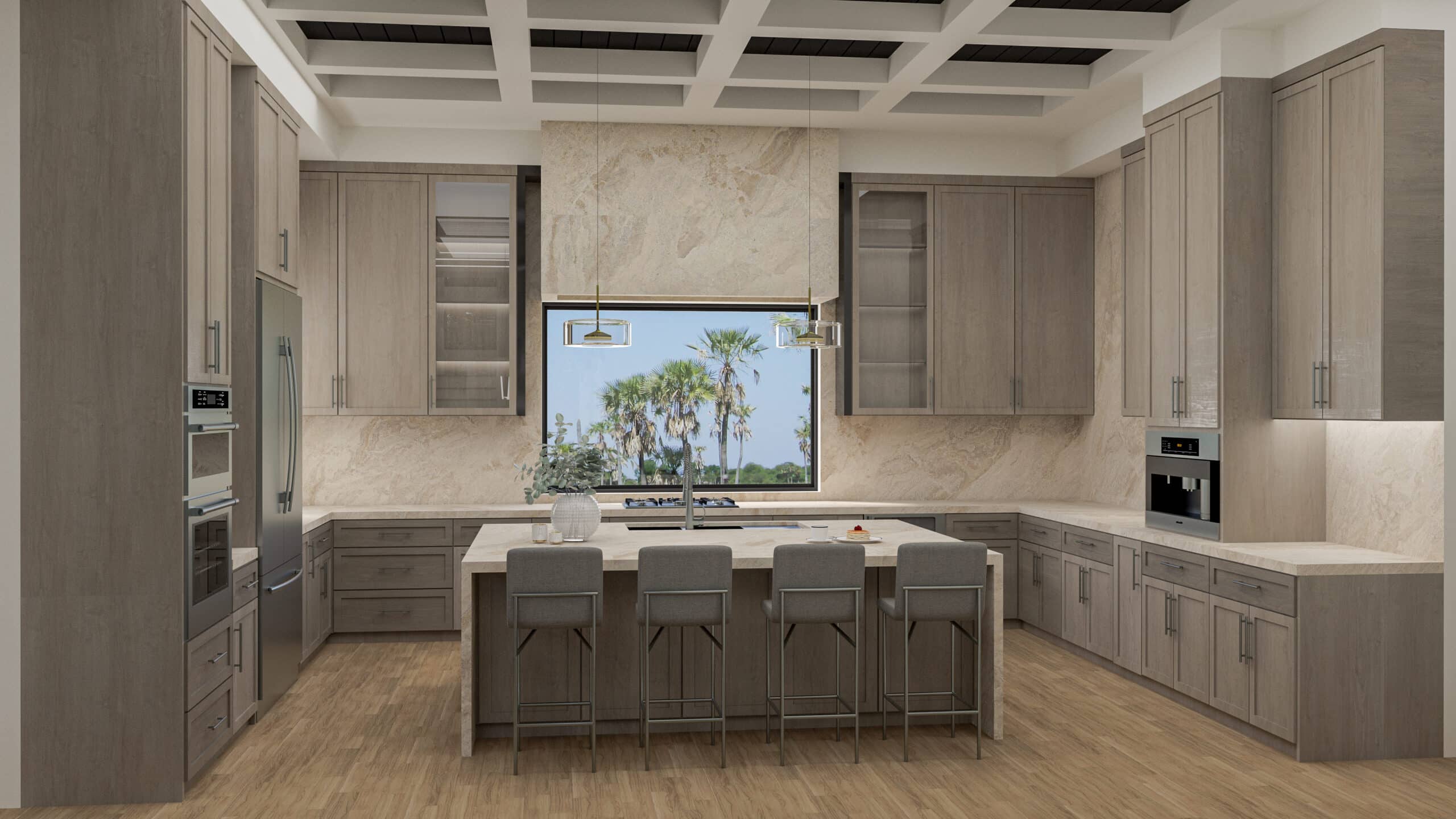 Kitchen with a seated island, coffered ceiling and a window over the sink