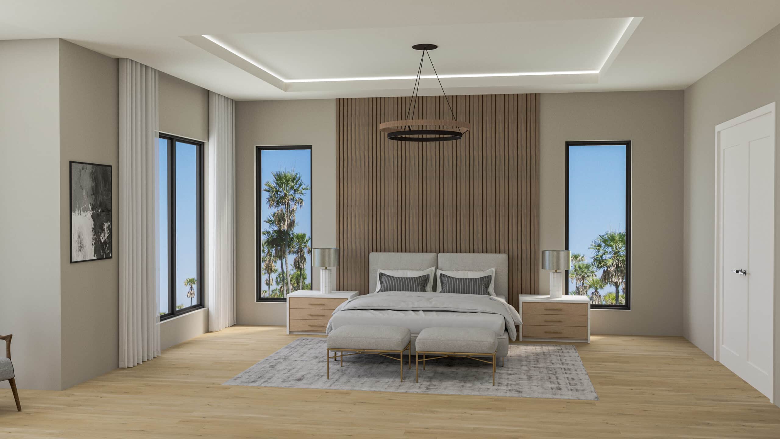 Primary bedroom with a wood-slat accent wall and windows on both sides