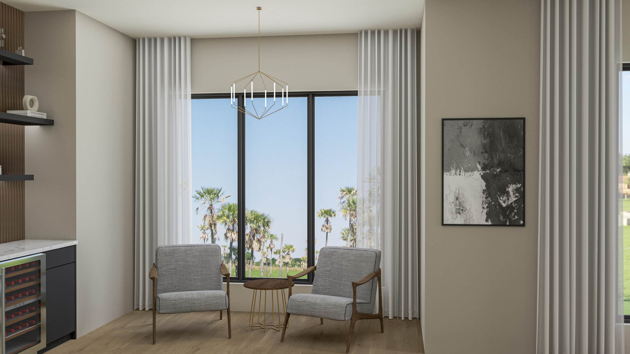 Bedroom sitting area with two chairs facing a full-height window
