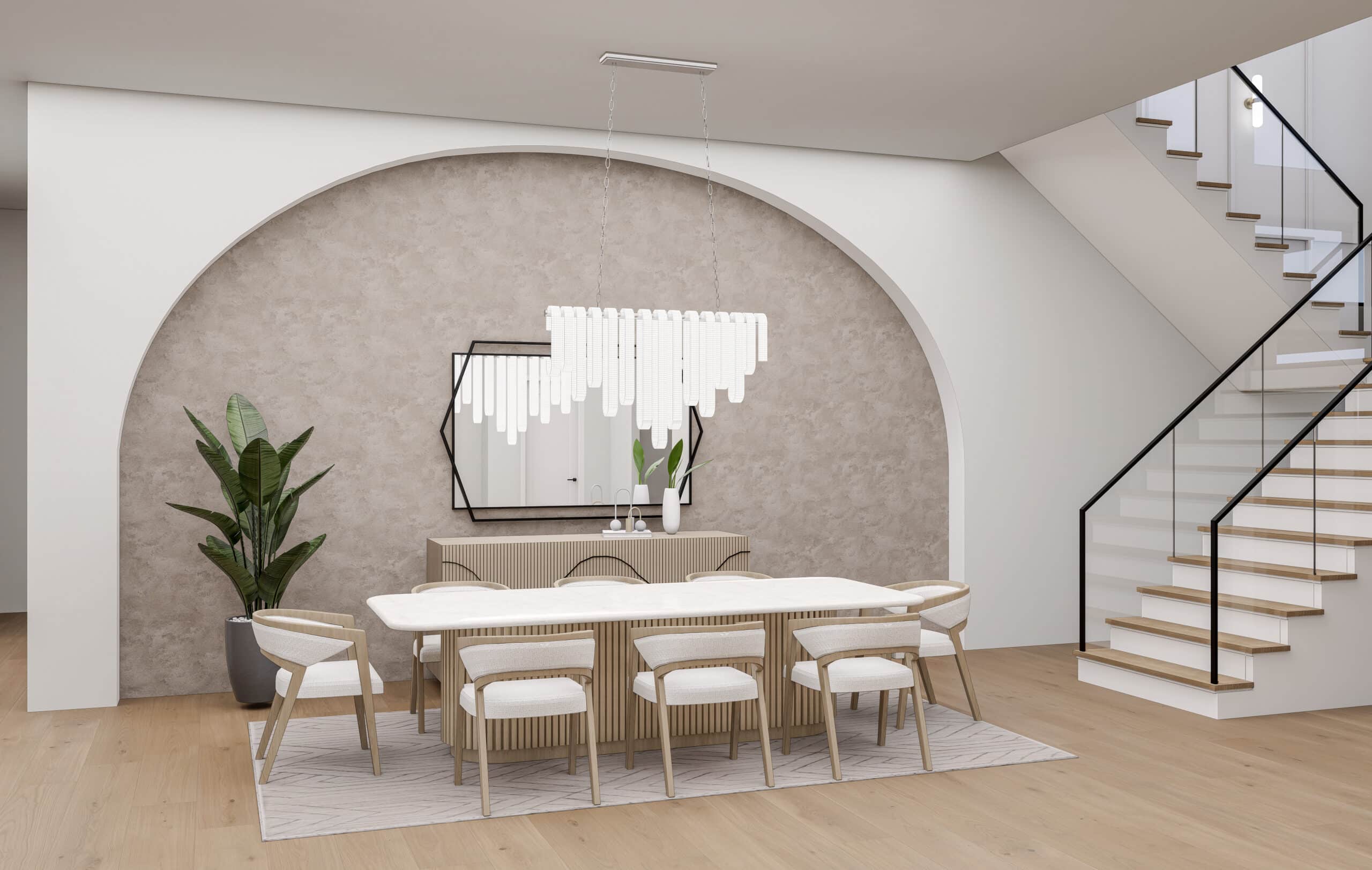Dining room set under an arch, with a sculptural chandelier