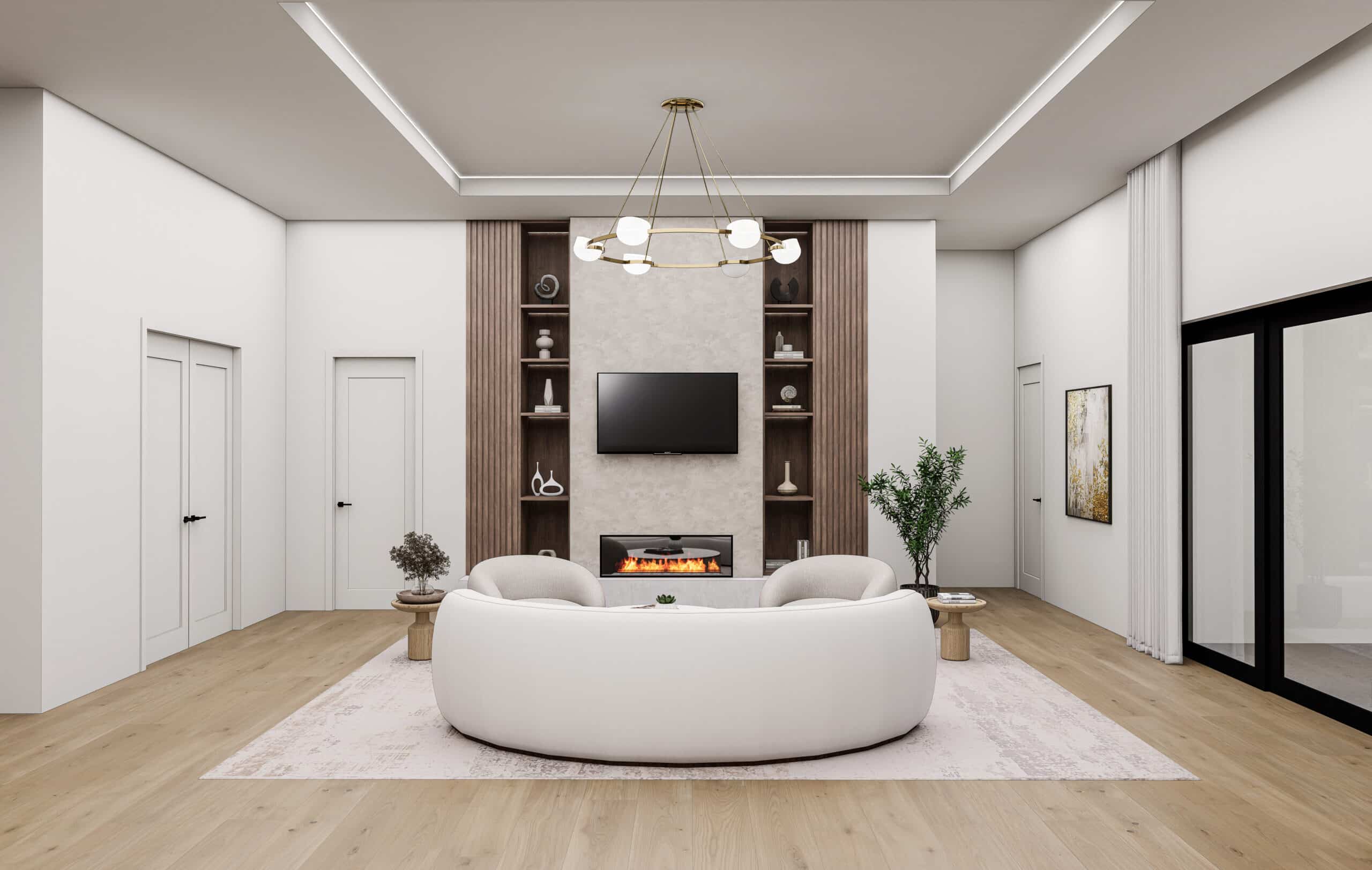 Living room with a curved sofa facing the fireplace and built-ins