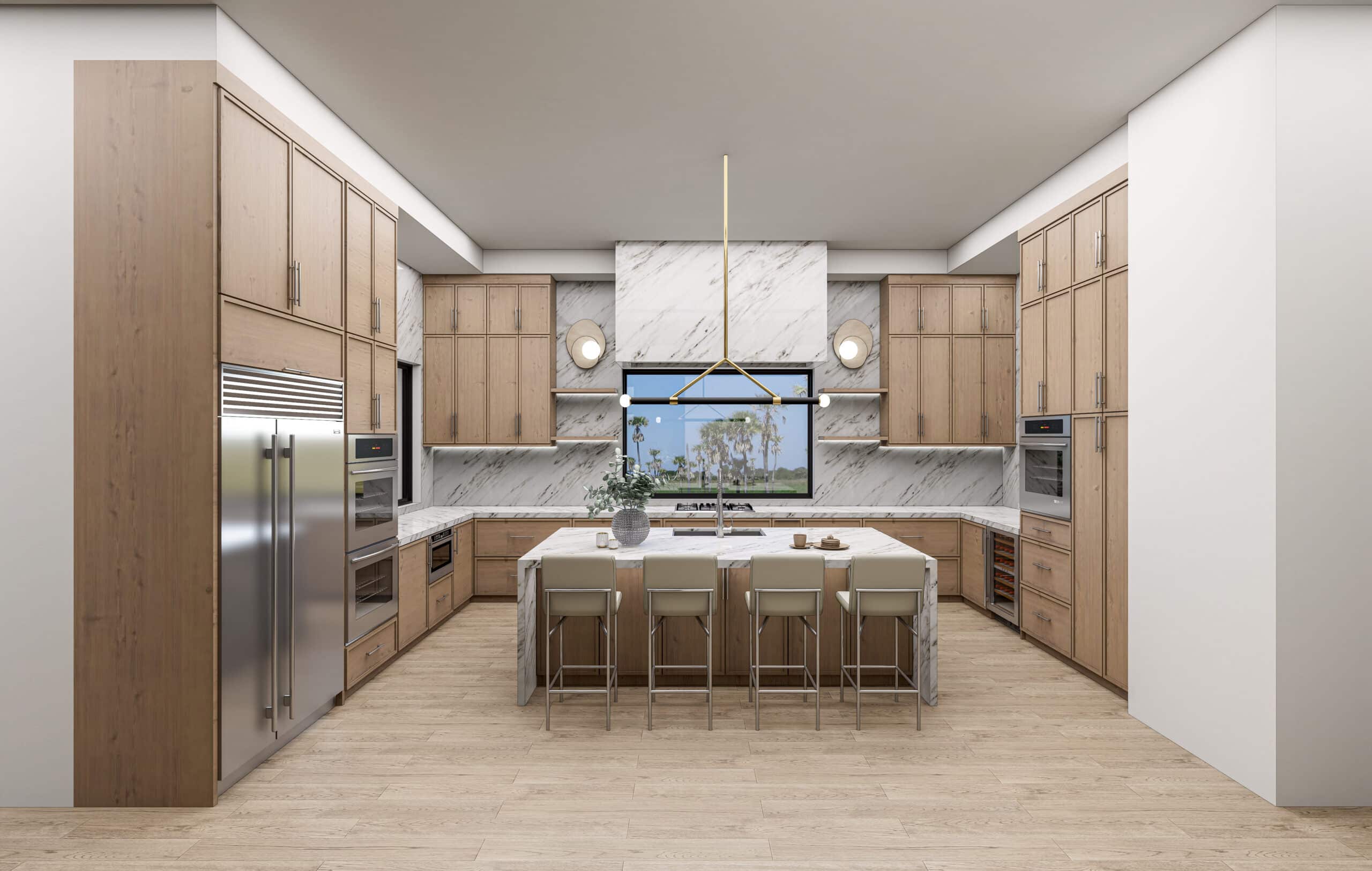 Kitchen with a seated island, wood cabinetry and a marble backsplash