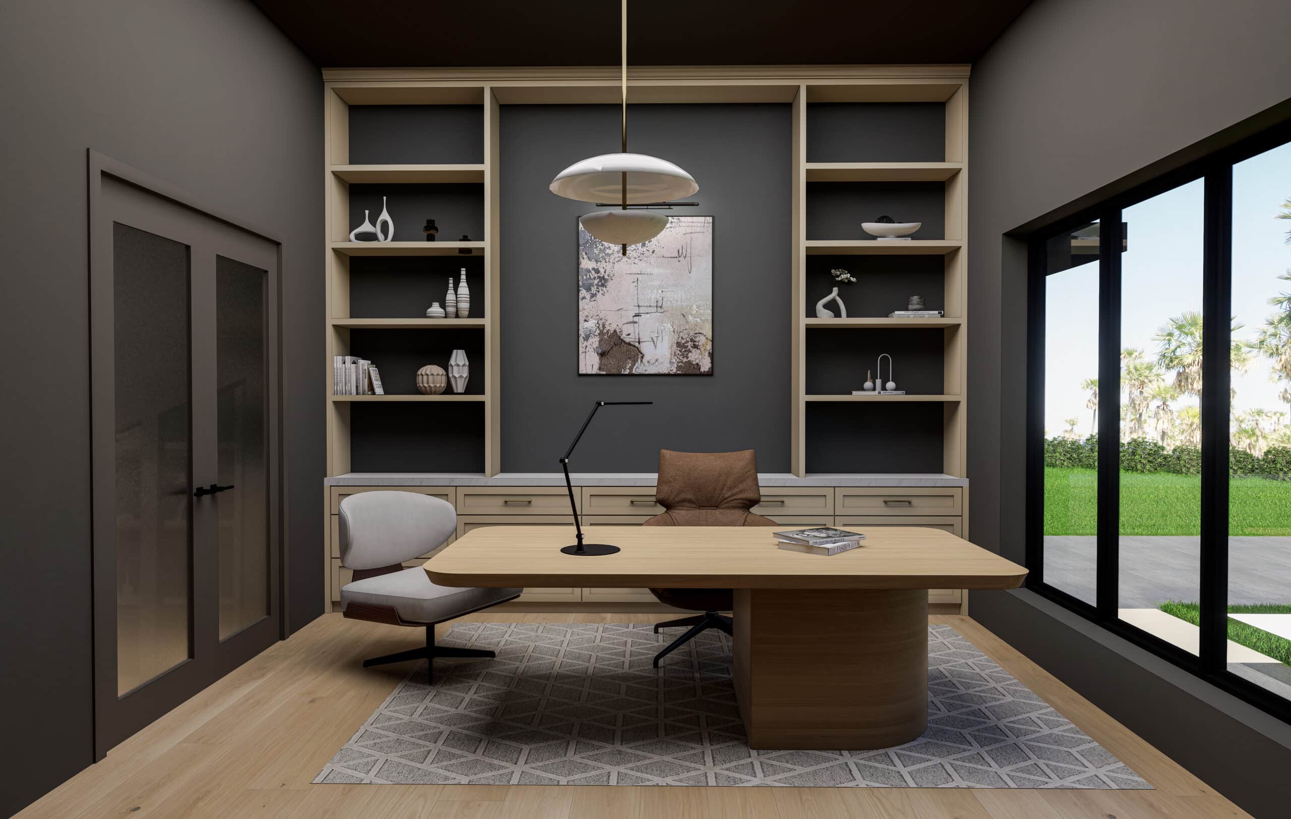 Study with dark walls, built-in shelving and a wide wood desk