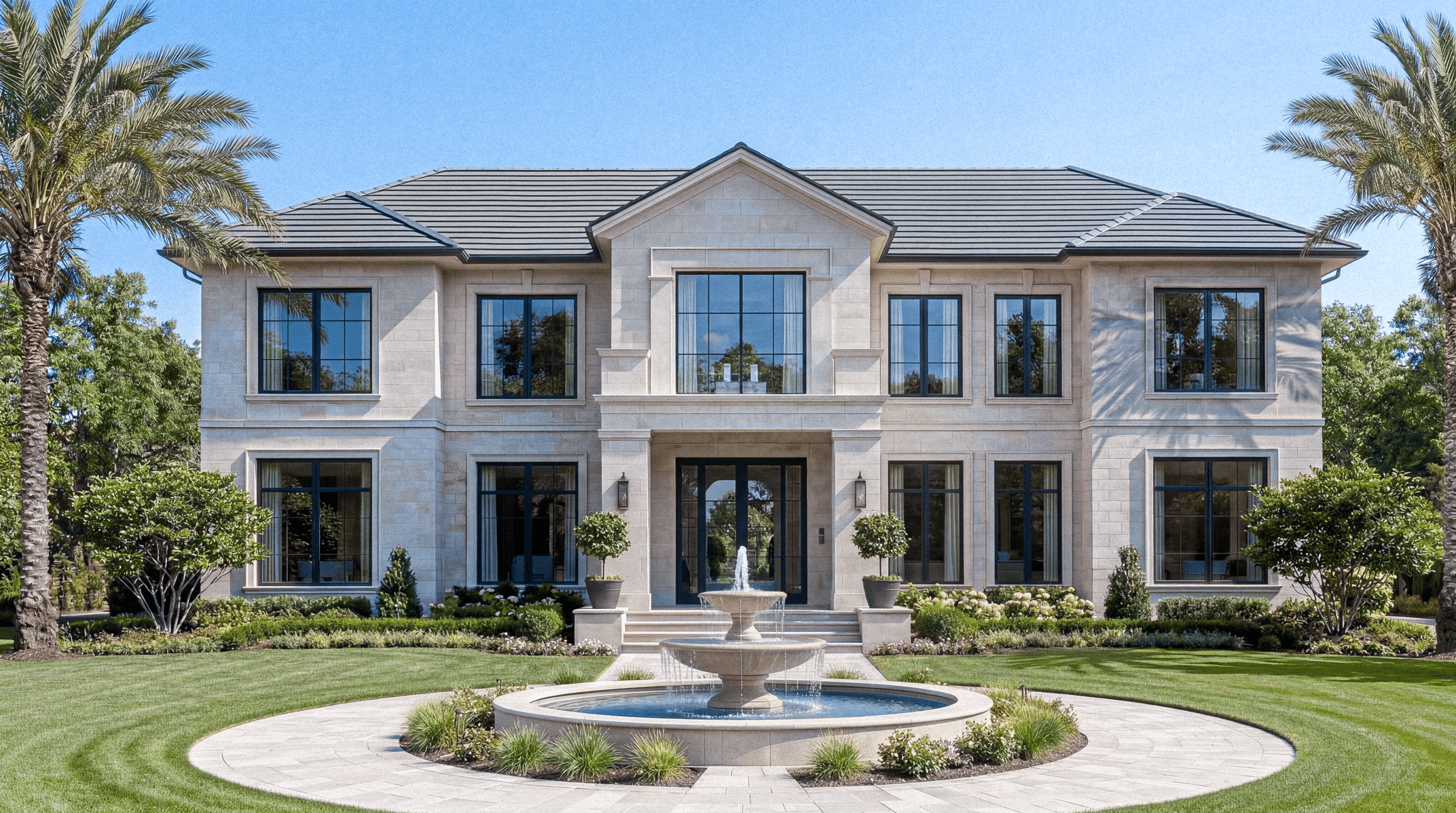 Front elevation of a large home with a fountain in the circular drive