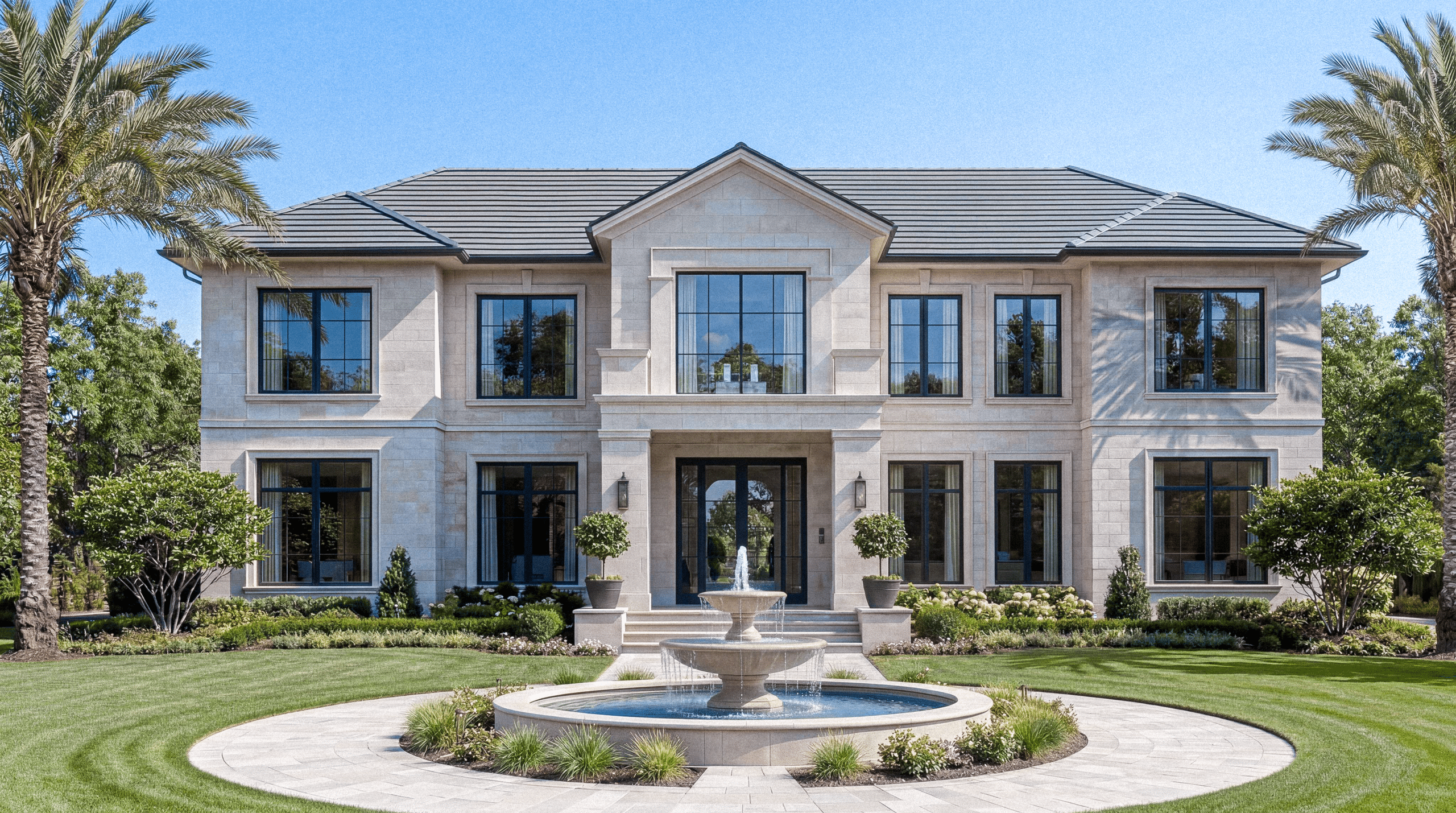 Front of a large home with a circular drive and a fountain