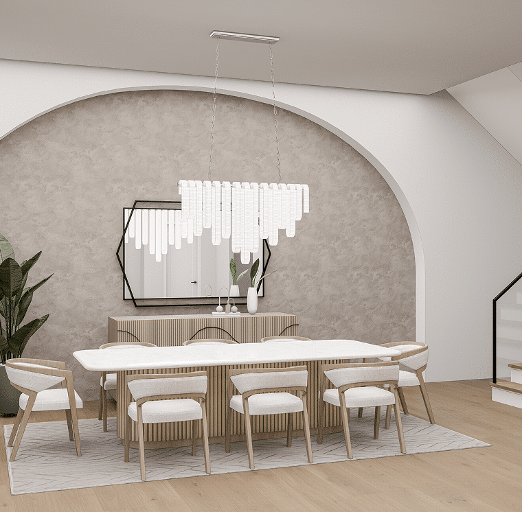 Dining table set under an arched wall with a sculptural mirror