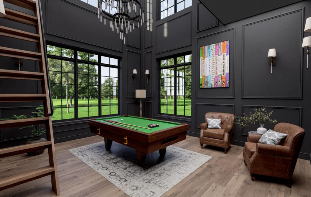 Dark panelled salon with layered lighting and warm materials in a Tampa Bay luxury home