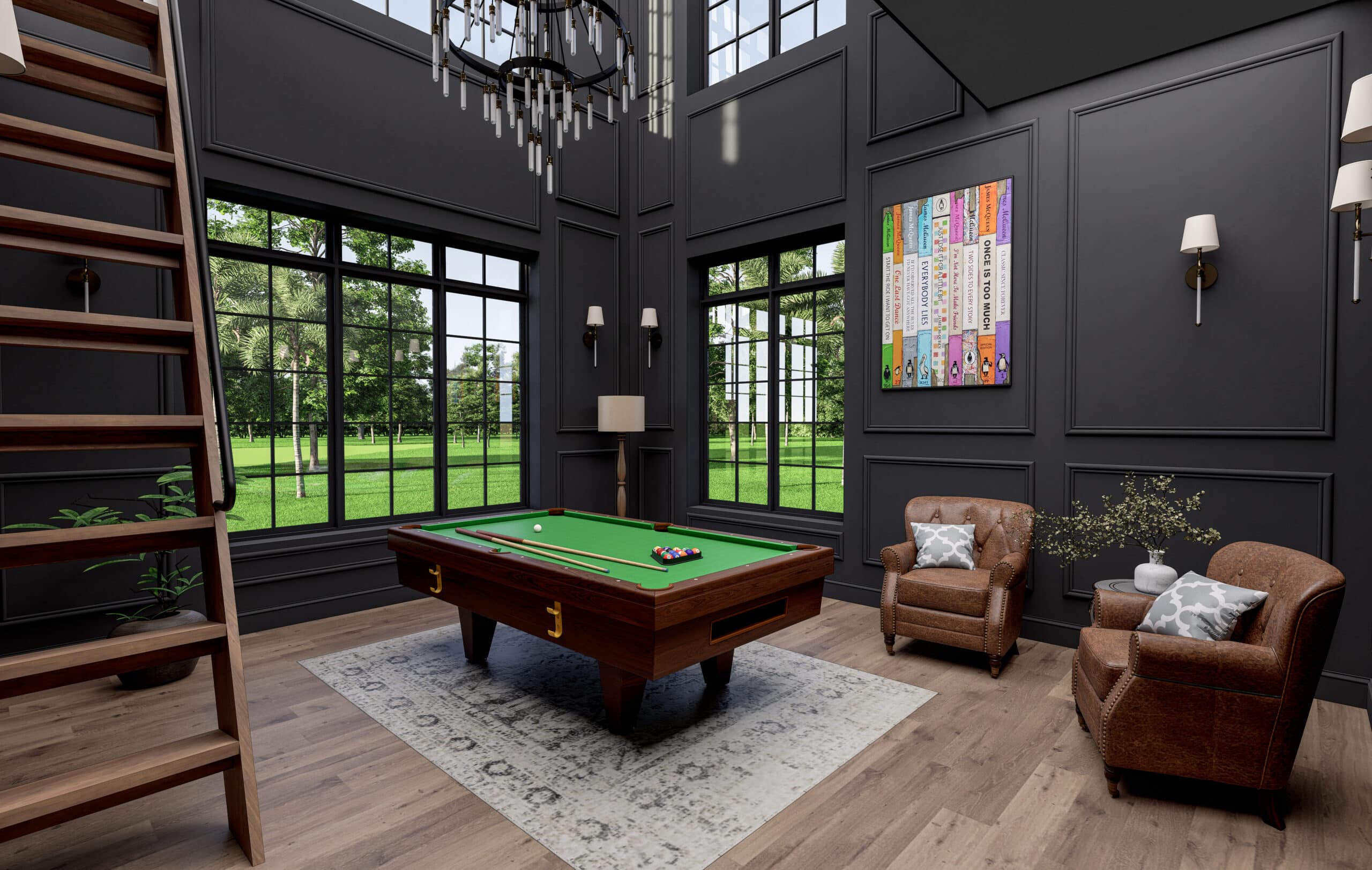 Dark panelled salon with layered lighting and warm materials in a Tampa Bay luxury home