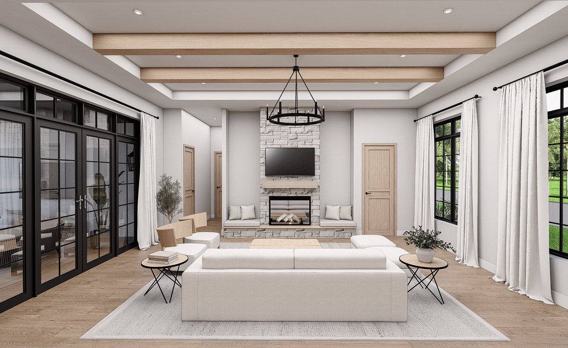 Living room with a beamed ceiling opening to the lanai through glass doors