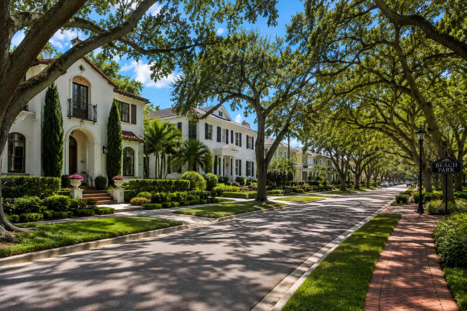 Oak canopy over a street of Mediterranean homes in Beach Park