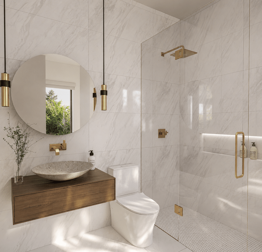 Pool bath with a wood vanity, vessel sink and marble shower