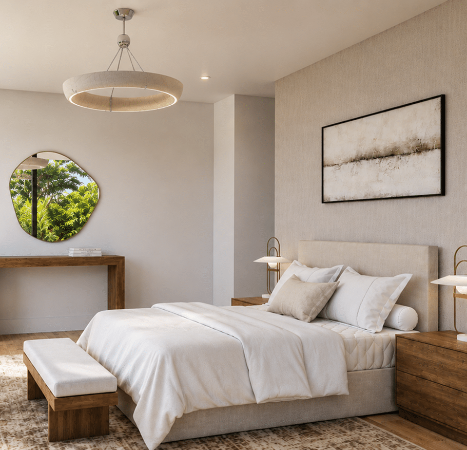 Bedroom with a round mirror, bench and wood-panelled wall