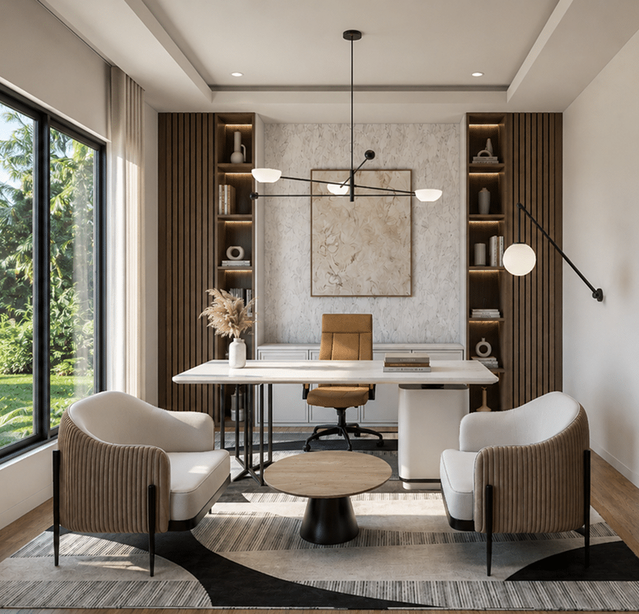 Study with a slatted wood wall, desk and two armchairs