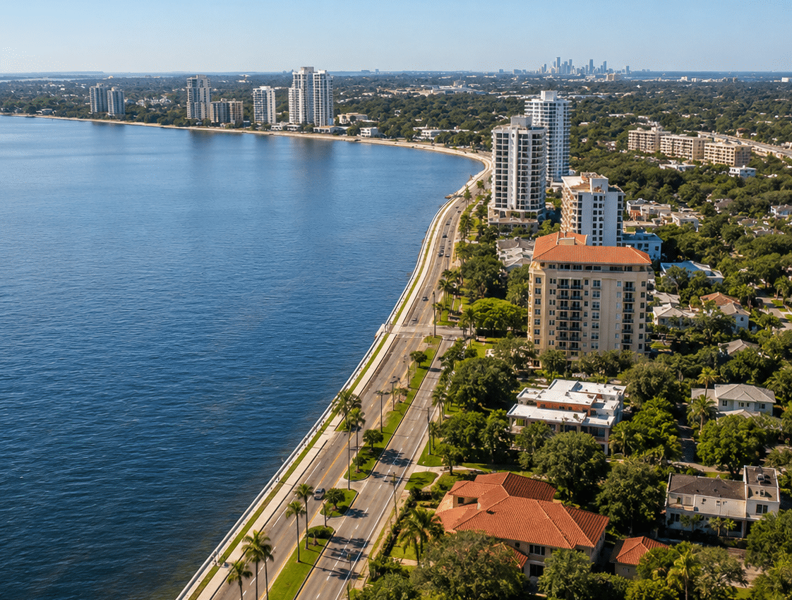 Bayshore Boulevard curving along the water toward downtown Tampa