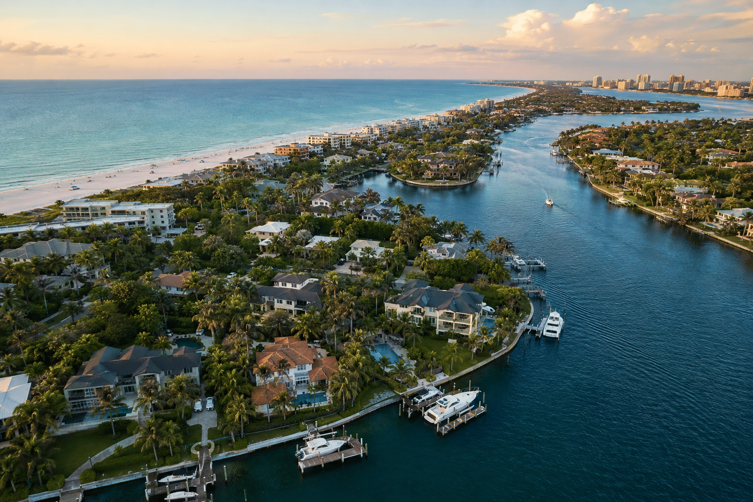 Beach, pass and waterfront homes seen from the air