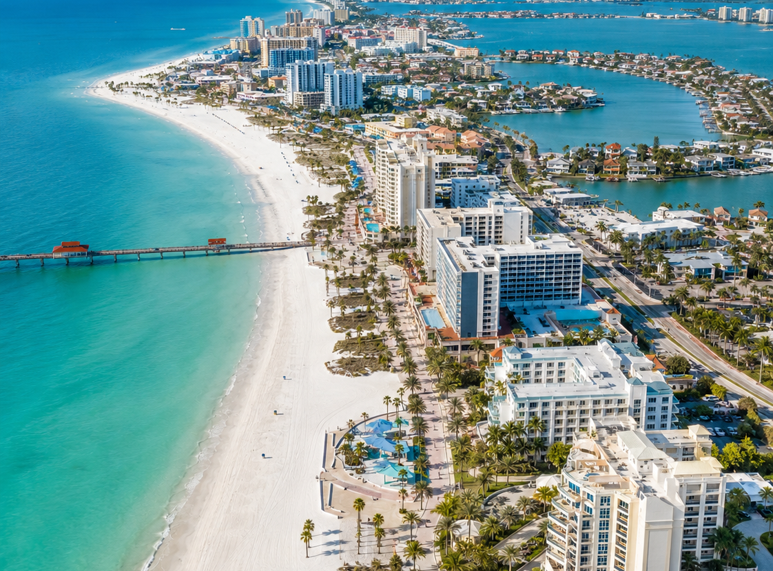 Aerial view of Clearwater Beach with the pier and hotels
