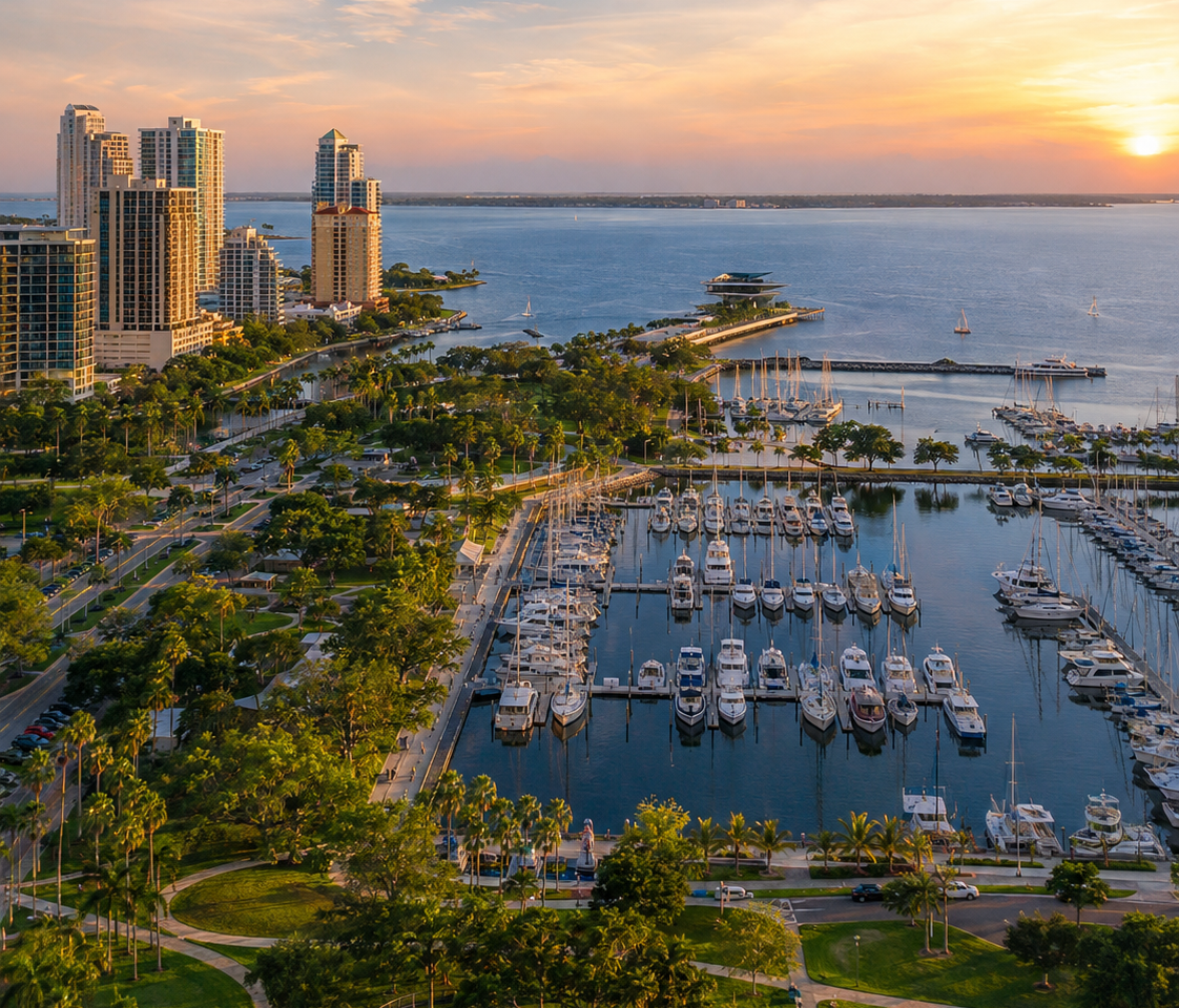 Marina and the downtown St. Petersburg skyline at sunset
