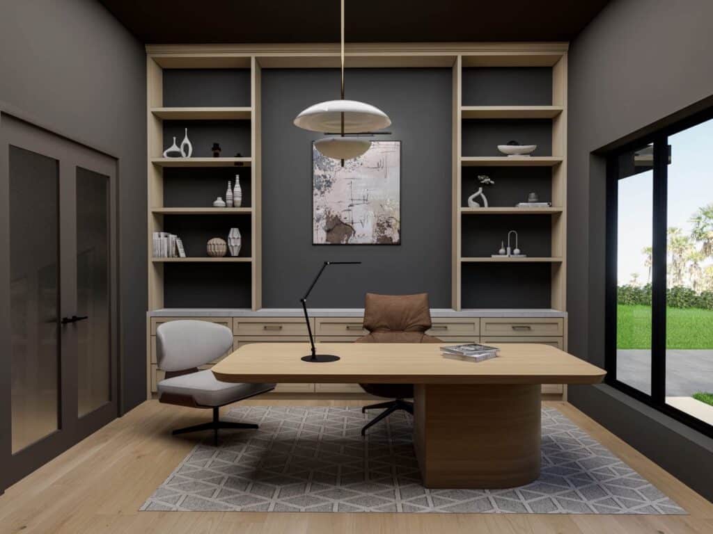 Home office with a wood desk, two chairs and built-in shelving
