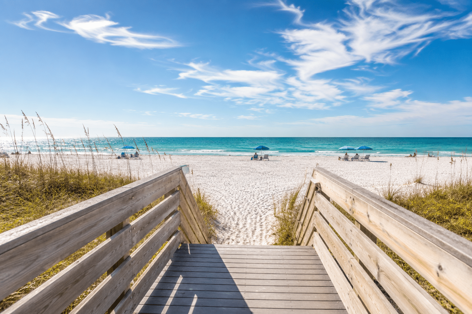 Boardwalk steps down to the sand at Indian Shores