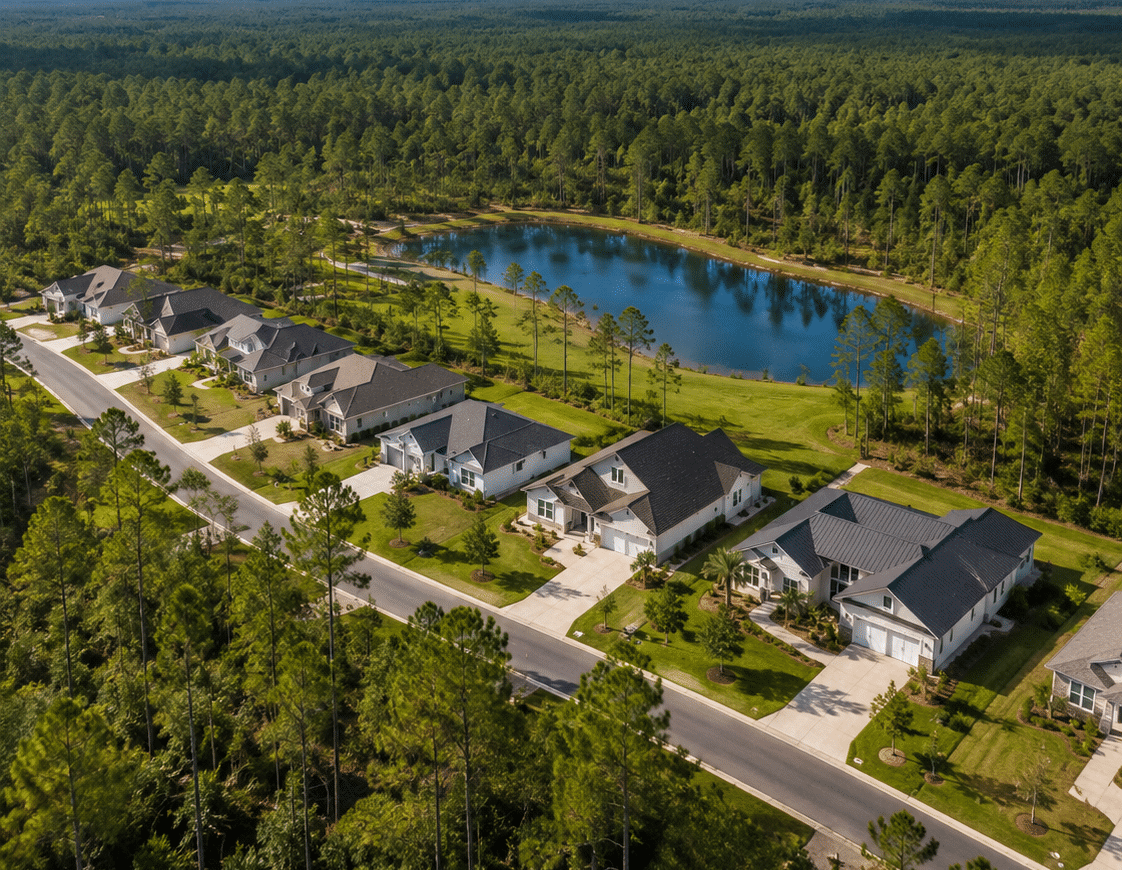 Homes backing onto a lake and pine woods in Southern Pines