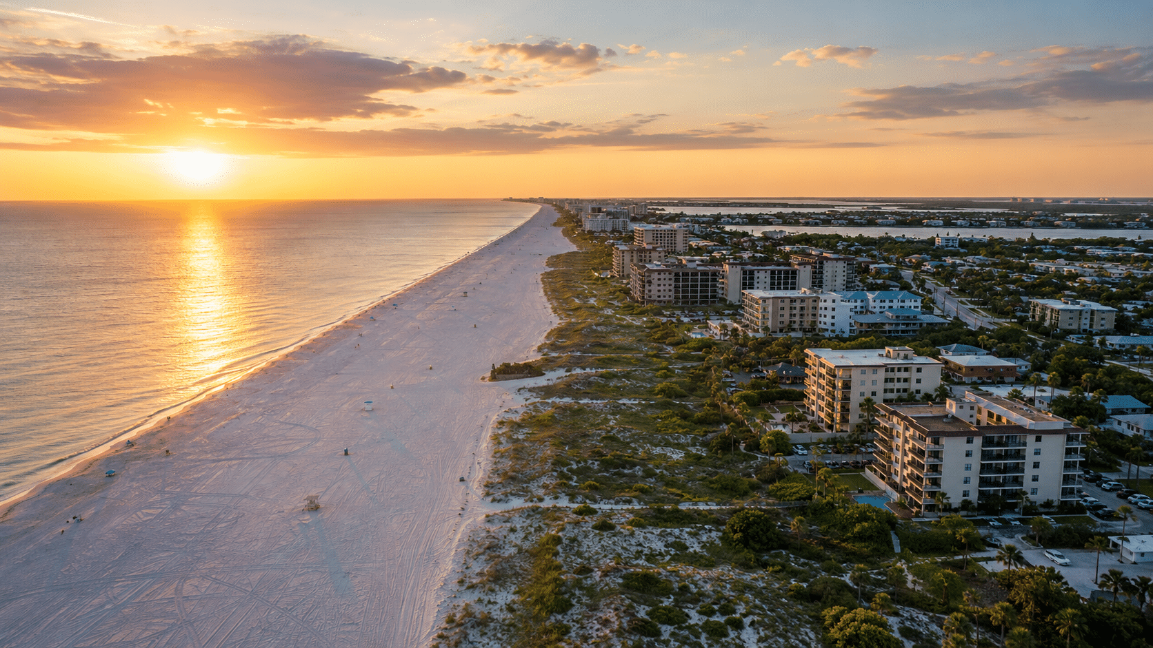 Sunset over the beach and low-rise buildings at Treasure Island